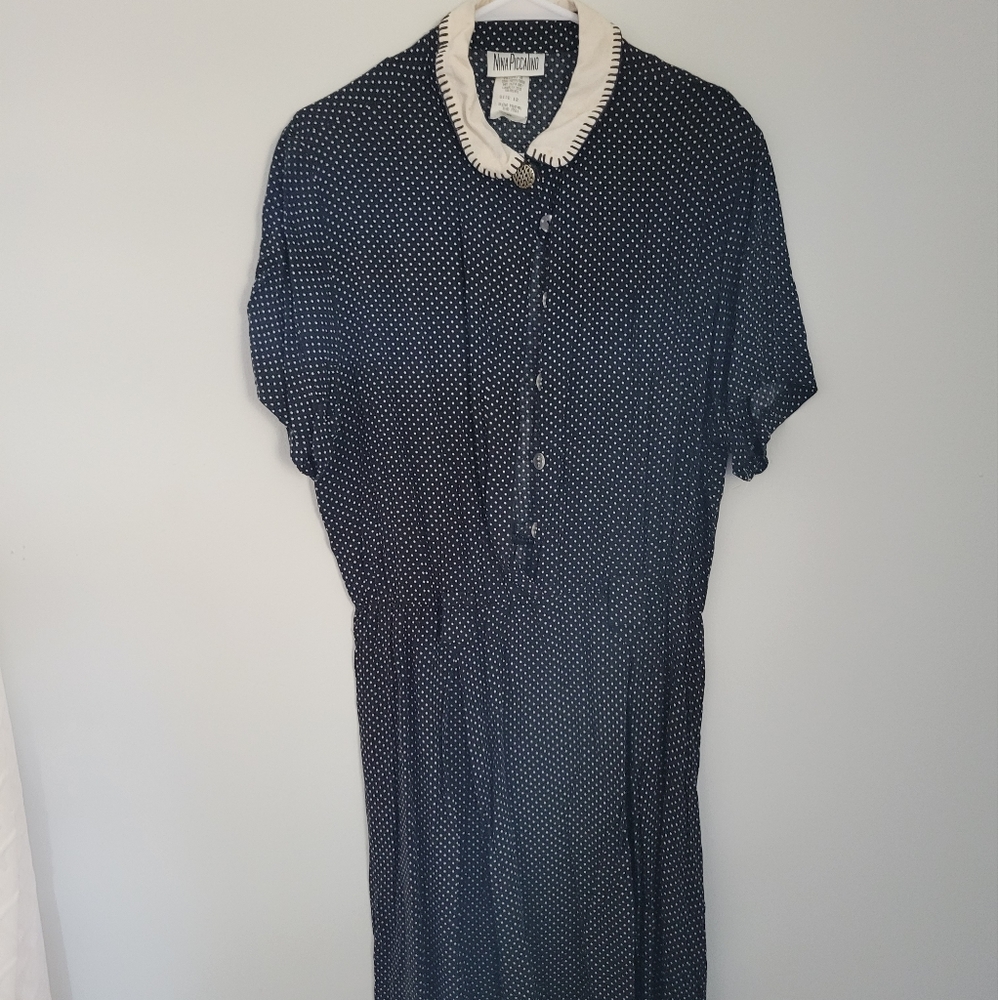 Black Dotted Print, Vintage Button Down Midi Dress. 1980s.